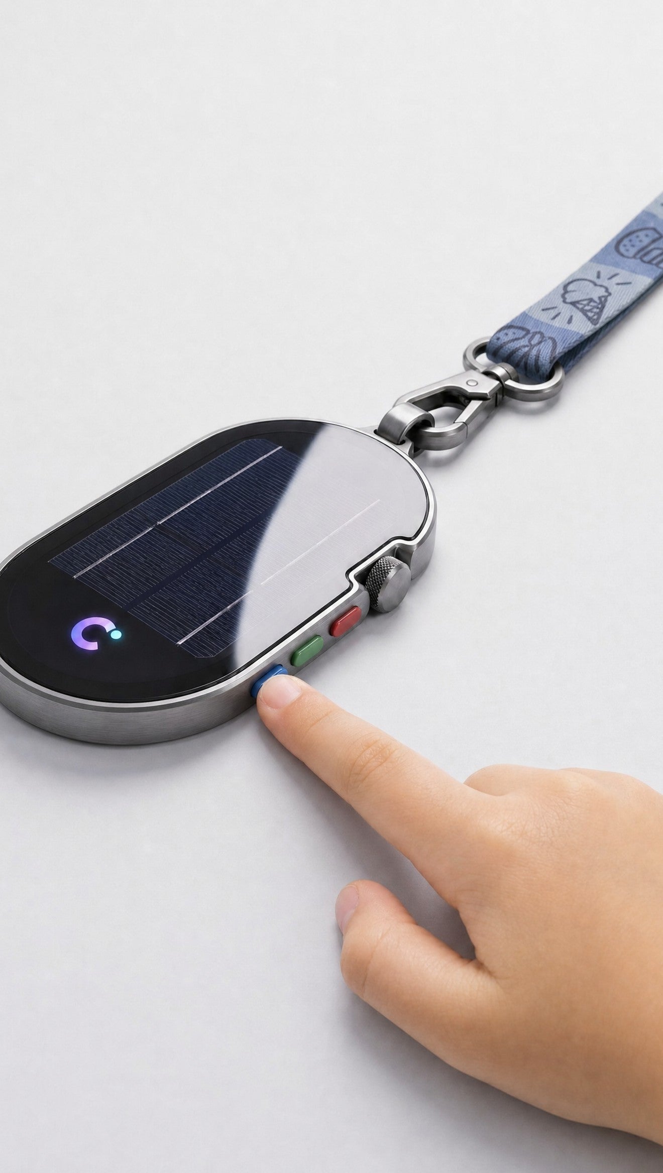 Child's finger pressing the red Ask button on COTIS