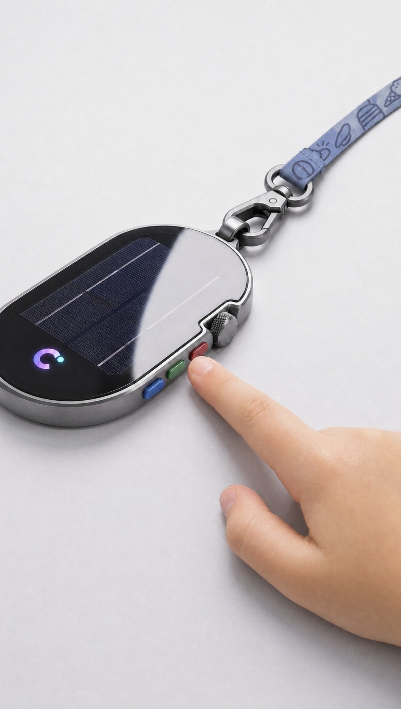Child's finger pressing the blue Calm button on COTIS