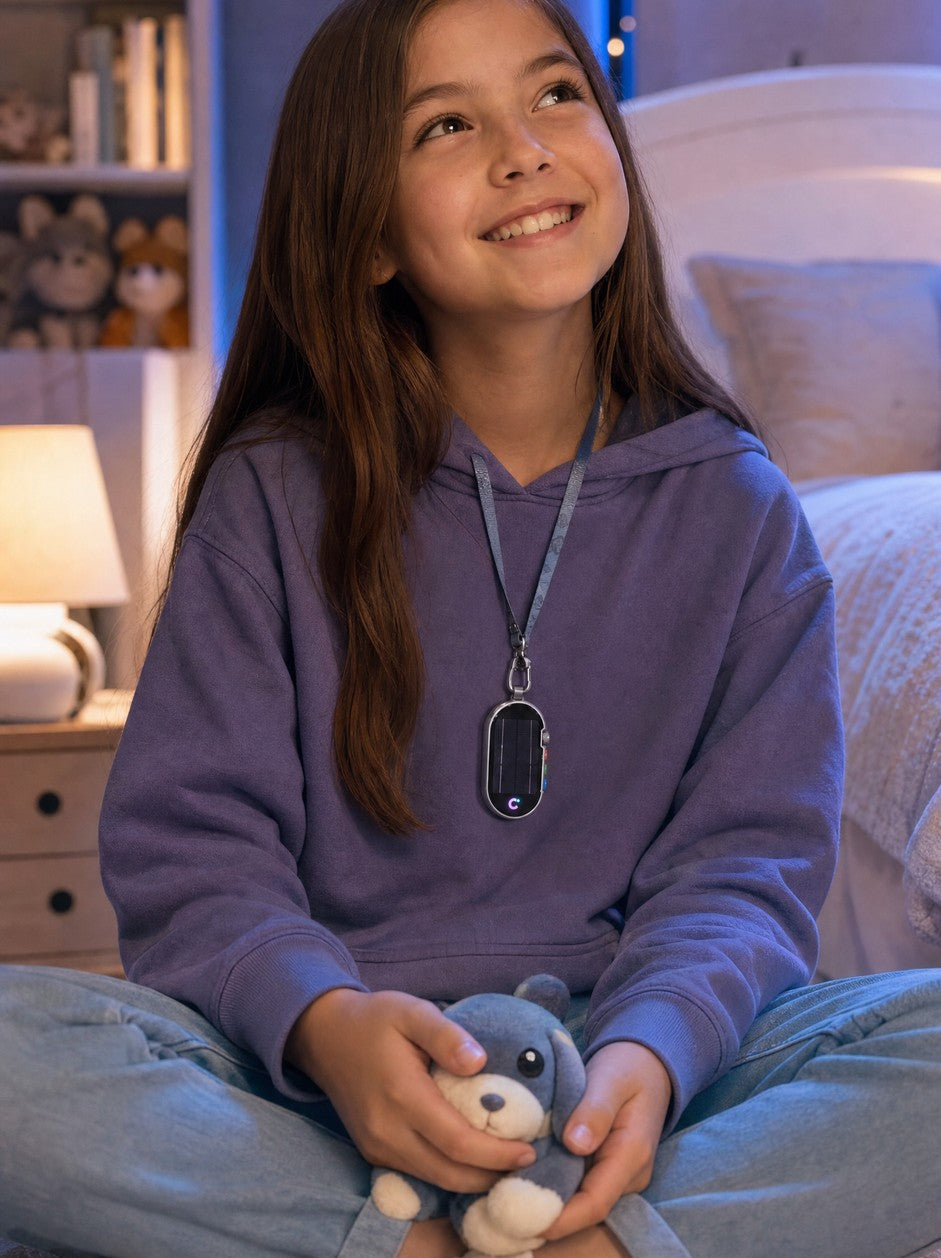 Child wearing the COTIS device on a slim strap